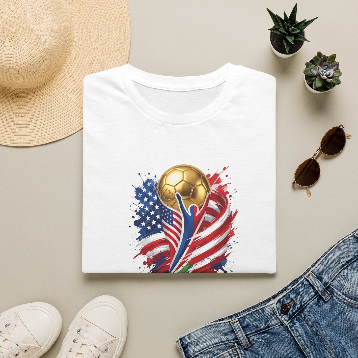 World Cup USA Soccer T-Shirt – 2026 World Cup Gold Trophy with American Flag